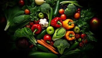 generativ ai Illustration von organisch Ernte Gemüse. Vegetarier Zutaten zum Kochen auf dunkel rustikal hölzern Hintergrund, oben Aussicht foto