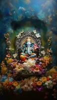 generativ ai Illustration von Ganesha Hindu Gott, mit Blumen, Öl Gemälde genommen oben in Himmel, Sitzung im Vorderseite von Bokeh Mandala Hintergrund foto