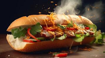 generativ ai Illustration von Vietnamesisch Stangenbrot, Banh mi, Explosion Wirkung. Straße Essen im Vietnam foto