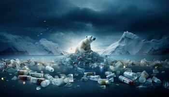 generativ ai Illustration von einsam Weiß Bär auf Eisberg, umgeben durch Müll und Plastik Flaschen schwebend auf Wasser foto