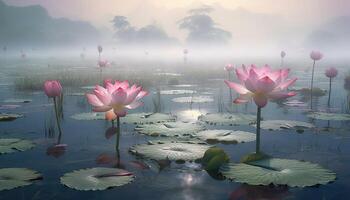 generativ ai Illustration von Lotus Blume im Teich, sauber Hintergrund Farbe, neblig, illusorisch foto