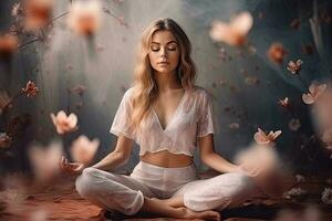 generativ ai Illustration von Ruhe weiblich Yogi, trainieren Yoga im Lotus Position foto