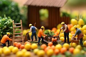 generativ ai Illustration von Miniatur Menschen, Mannschaft Farmer Arbeit mit Konzept Landwirtschaft, Geschäft Konzept foto