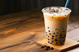 generativ ai Illustration von Taiwan Boba Milch Tee mit Blase auf Holz Tabelle foto