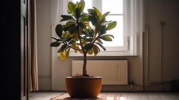 Luft Reinigung Baum benutzt zu schmücken das Haus zu geben ein Gefühl von Frische und Lebendigkeit. mit natürlich Licht von das Fenster. generativ ai foto