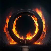 dunkel abstrakt futuristisch mit ein Kreis Tor Feuer ai generiert foto