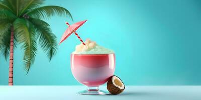 Cocktail mit Kokosnuss Würfel, Eis, Regenschirm im Rosa Glas. Licht Blau Hintergrund mit verschwommen Palme Baum. ai generiert foto