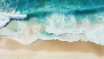 generativ ai Illustration von ein heiter Antenne Aussicht von ein makellos Weiß Sand Strand umgeben durch Kristall klar Türkis Wasser foto