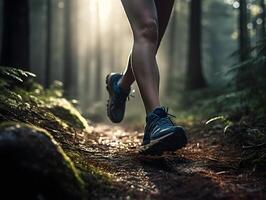 Beine von ein Frau Joggen im das Wald. Läufer im Natur. Nahansicht Sicht. ai generiert foto