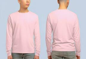 Mann tragen ein Rosa T-Shirt mit lange Ärmel. Vorderseite und zurück Sicht. ai generiert foto
