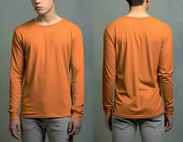 Mann tragen ein Orange T-Shirt mit lange Ärmel. Vorderseite und zurück Sicht. ai generiert foto