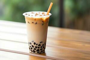generativ ai Illustration von Taiwan Boba Milch Tee mit Blase auf Holz Tabelle foto