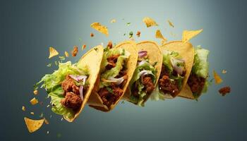 generativ ai Illustration von fliegend Tacos zum Essen Werbung, leer Hintergrund foto