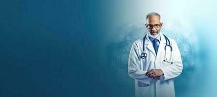 generativ ai Illustration von das medizinisch Porträt trägt ein Stethoskop Über ein Blau Hintergrund, im das Stil von Bokeh Panorama foto