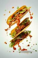 generativ ai Illustration von fliegend Tacos zum Essen Werbung, leer Hintergrund foto