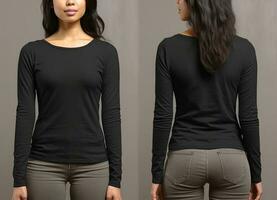 Frau tragen ein schwarz T-Shirt mit lange Ärmel. Vorderseite und zurück Sicht. ai generiert foto