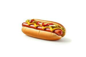 heiß Hund mit Senf und Ketchup isoliert auf ein Weiß Hintergrund. ai generiert foto
