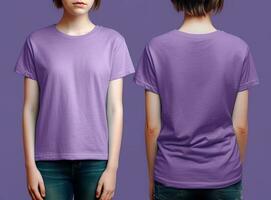 Foto realistisch weiblich lila T-Shirts mit Kopieren Raum, Vorderseite, und zurück Sicht. ai generiert