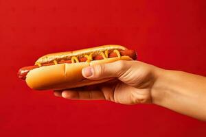 Hand halten lecker heiß Hund auf ein rot Hintergrund. ai generiert foto