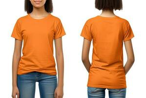 Foto realistisch weiblich Orange T-Shirts mit Kopieren Raum, Vorderseite, und zurück Sicht. ai generiert