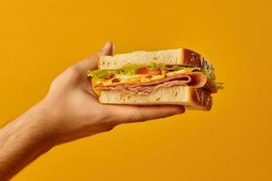 Hand halten lecker Sandwich auf ein Gelb Hintergrund. ai generiert foto