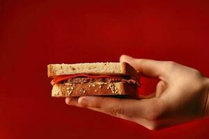 Hand halten lecker Sandwich auf ein rot Hintergrund. ai generiert foto