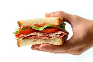 Hand halten lecker Sandwich auf ein Weiß Hintergrund. ai generiert foto