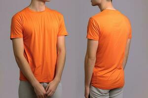 Foto realistisch männlich Orange T-Shirts mit Kopieren Raum, Vorderseite, und zurück Sicht. ai generiert