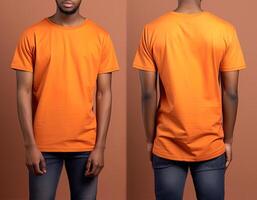 Foto realistisch männlich Orange T-Shirts mit Kopieren Raum, Vorderseite, und zurück Sicht. ai generiert