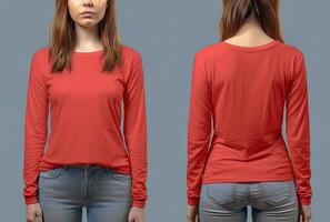 Frau tragen ein rot T-Shirt mit lange Ärmel. Vorderseite und zurück Sicht. ai generiert foto