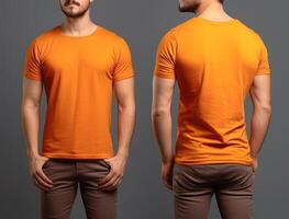 Foto realistisch männlich Orange T-Shirts mit Kopieren Raum, Vorderseite, und zurück Sicht. ai generiert