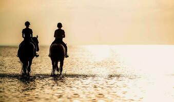 zwei Pferd Fahrer im das Ozean beim das Sonnenuntergang. Pferdesport Thema. foto