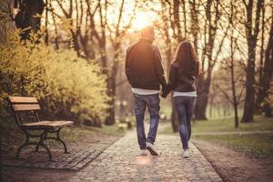 Paar halten Hände Gehen gegenüber Sonnenuntergang. Liebe Thema. Beziehung. foto