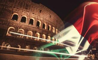 doppelt Exposition von Italien Flagge und Kolosseum. Rom, Italien beim Nacht. lange Exposition Foto. foto