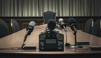 Mikrofone von anders Masse Medien, Radio, Fernseher zum Konferenz treffen. Drücken Sie Konferenz oder Interview Konzept, generativ ai foto