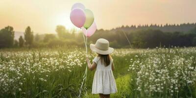 glücklich Kind spielen mit hell Mehrfarbig Luftballons draussen. Kind haben Spaß im Blume Garten gegen Dämmerung Himmel Hintergrund. Ferien und Reise Konzept, generativ ai foto