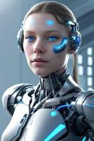 Cyborg Frau mit Maschine Teil von ihr Gesicht. generativ ai foto