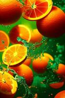 fliegend ein Orange Scheiben mit Wasser spritzen, generativ ai foto