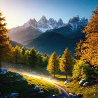 tolle Berg Landschaft mit bunt lebendig Sonnenuntergang auf das Himmel, generativ ai foto