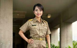 Foto von Mitte alt asiatisch Frau im thailändisch Lehrer Uniform, generativ ai