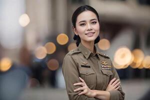 Foto von asiatisch Frau im thailändisch Polizei Offizier Uniform, generativ ai