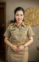Foto von Mitte alt asiatisch Frau im thailändisch Lehrer Uniform, generativ ai