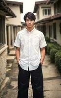 thailändisch Menschen im Thailand technisch Hochschule Uniform Weiß Hemd und keuchen, generativ ai foto