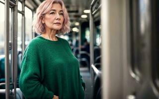 schön Frau Stehen Innerhalb Öffentlichkeit Bus Transport, generativ ai foto