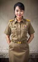 Foto von Mitte alt asiatisch Frau im thailändisch Lehrer Uniform, generativ ai