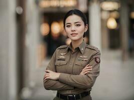 Foto von asiatisch Frau im thailändisch Polizei Offizier Uniform, generativ ai