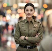 Foto von asiatisch Frau im thailändisch Polizei Offizier Uniform, generativ ai