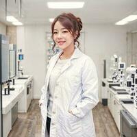 Foto von asiatisch Frau im Weiß Labor Mantel beim modern Labor, generativ ai