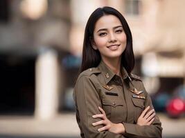 Foto von asiatisch Frau im thailändisch Polizei Offizier Uniform, generativ ai