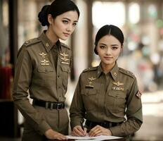 Foto von asiatisch Frau im thailändisch Polizei Offizier Uniform, generativ ai